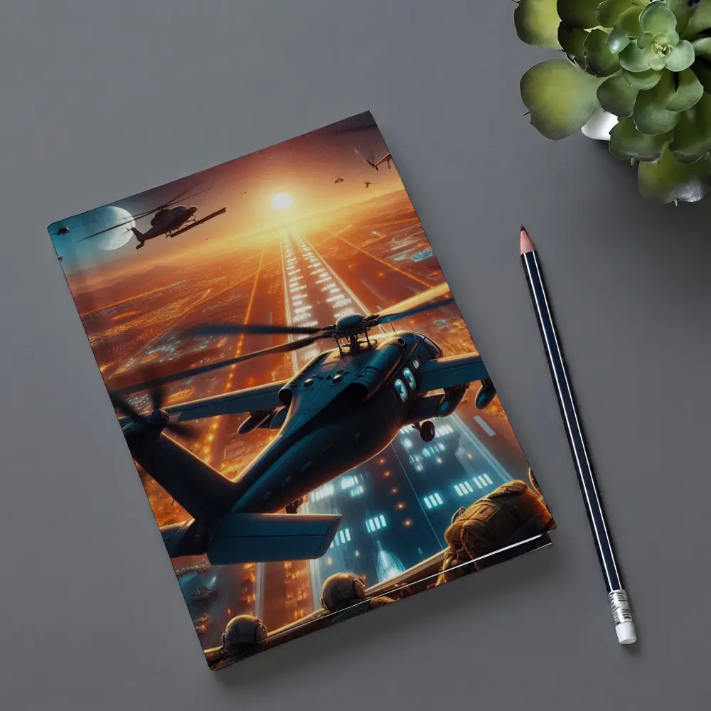 Military Helicopters Flying Over Glowing City – Notebooks
