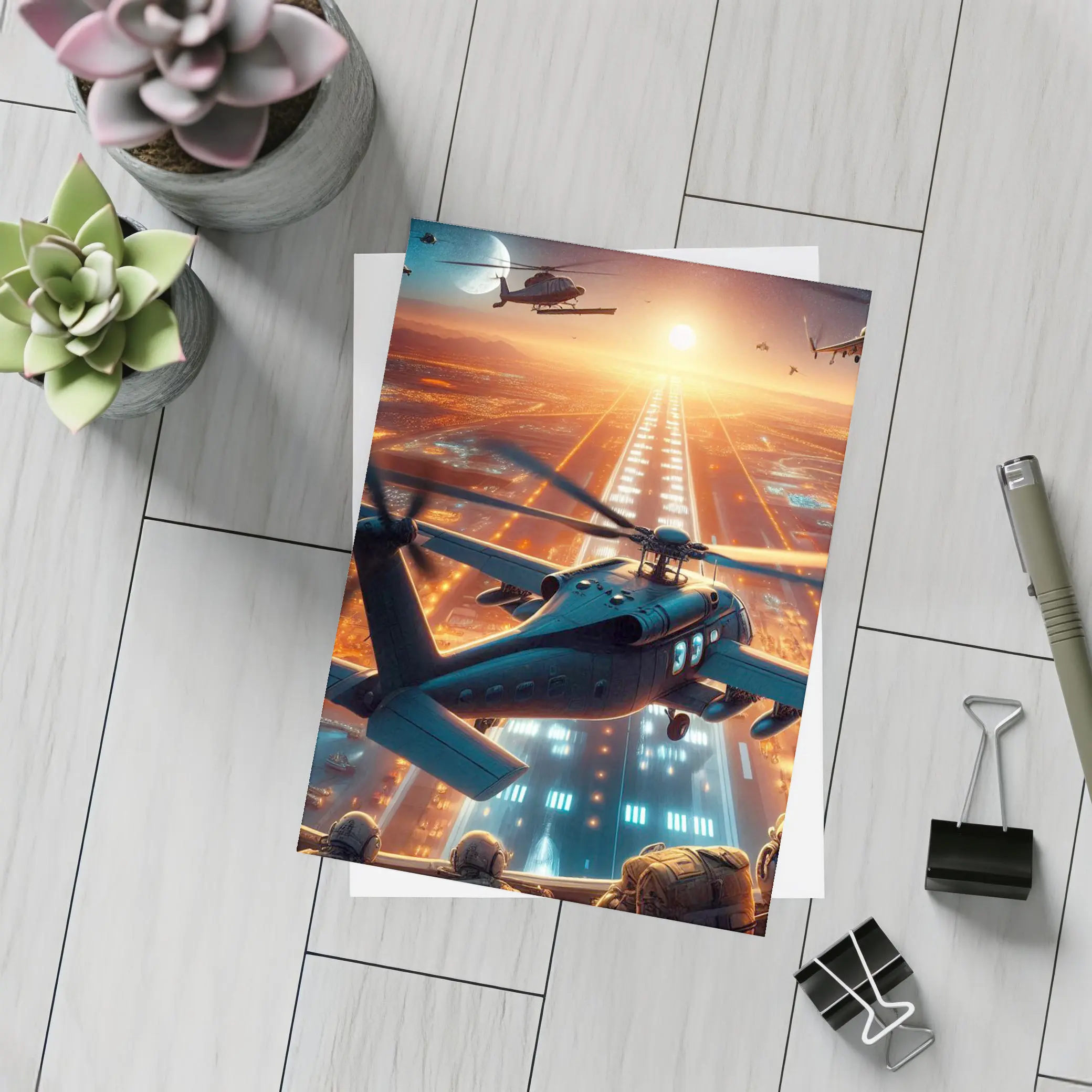 Military Helicopters Flying Over Glowing City – Postcards