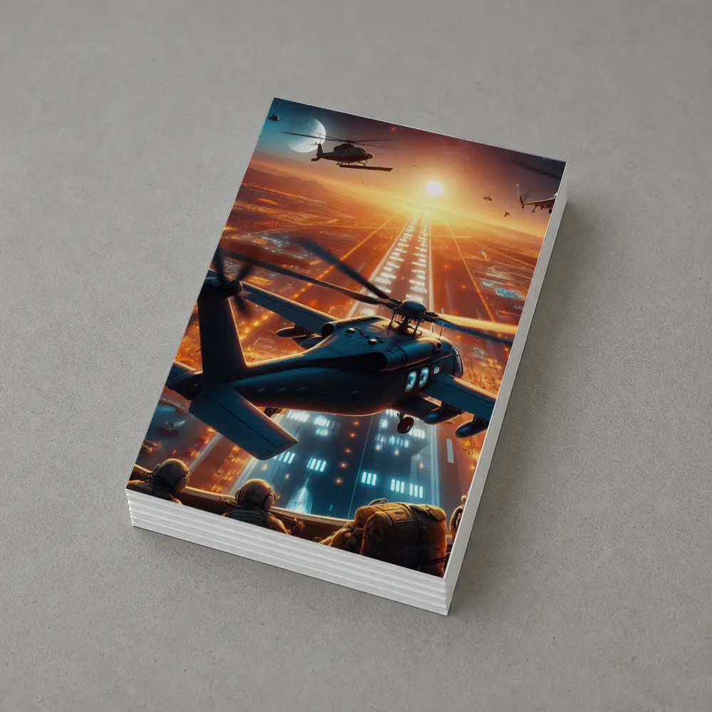 Military Helicopters Flying Over Glowing City – Postcards