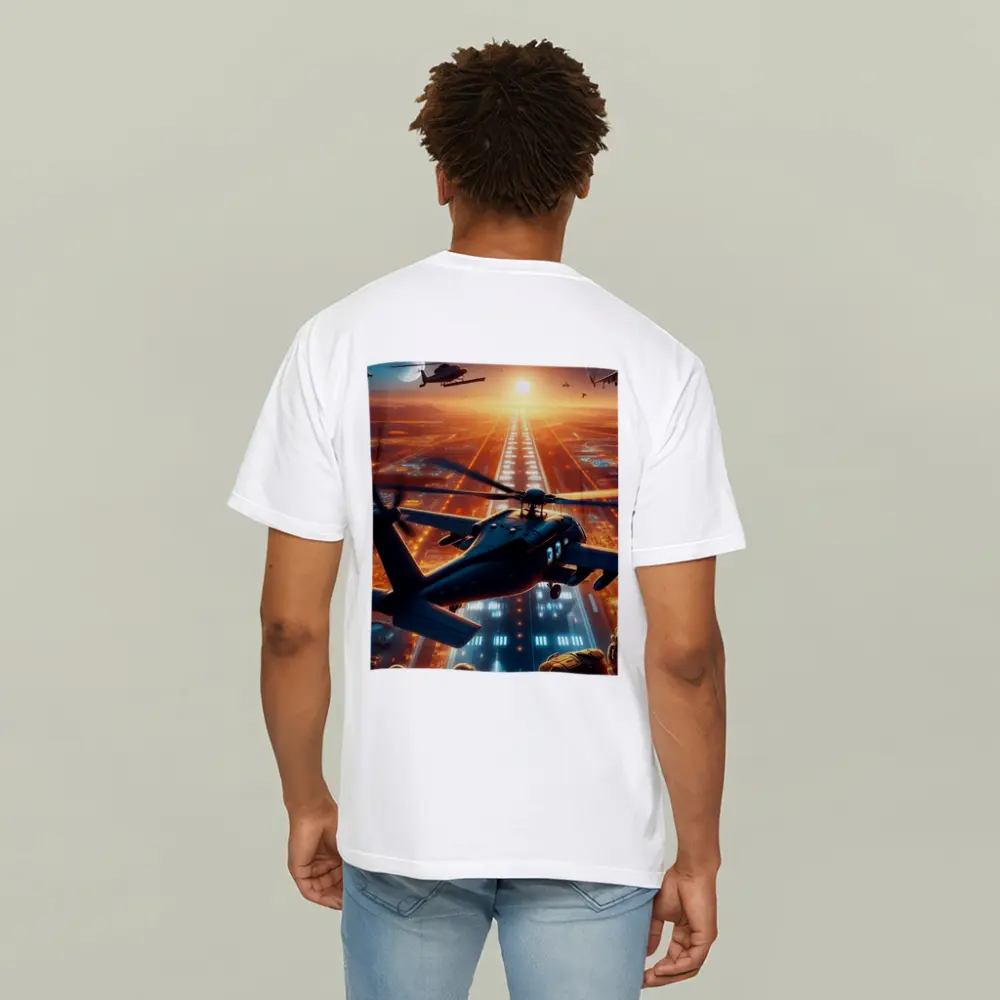 Military Helicopters Flying Over Glowing City – T-Shirts