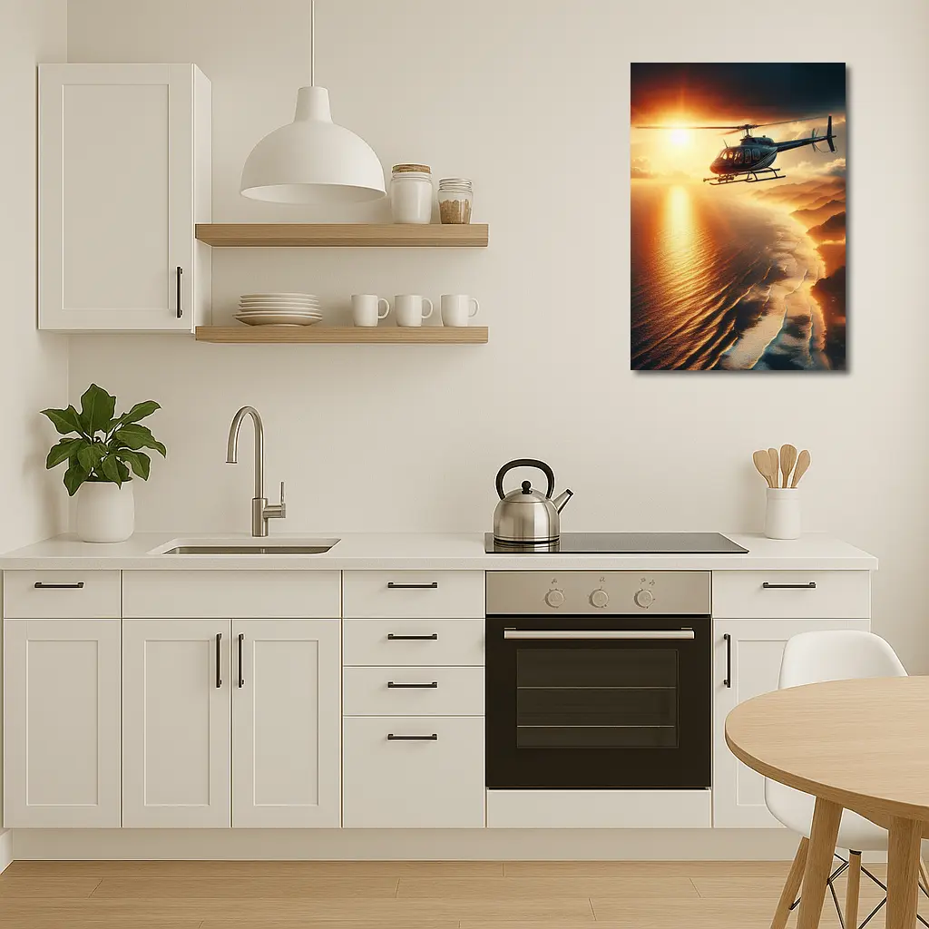 Helicopter Flying Over Coastal Sunset Landscape – Wall Art