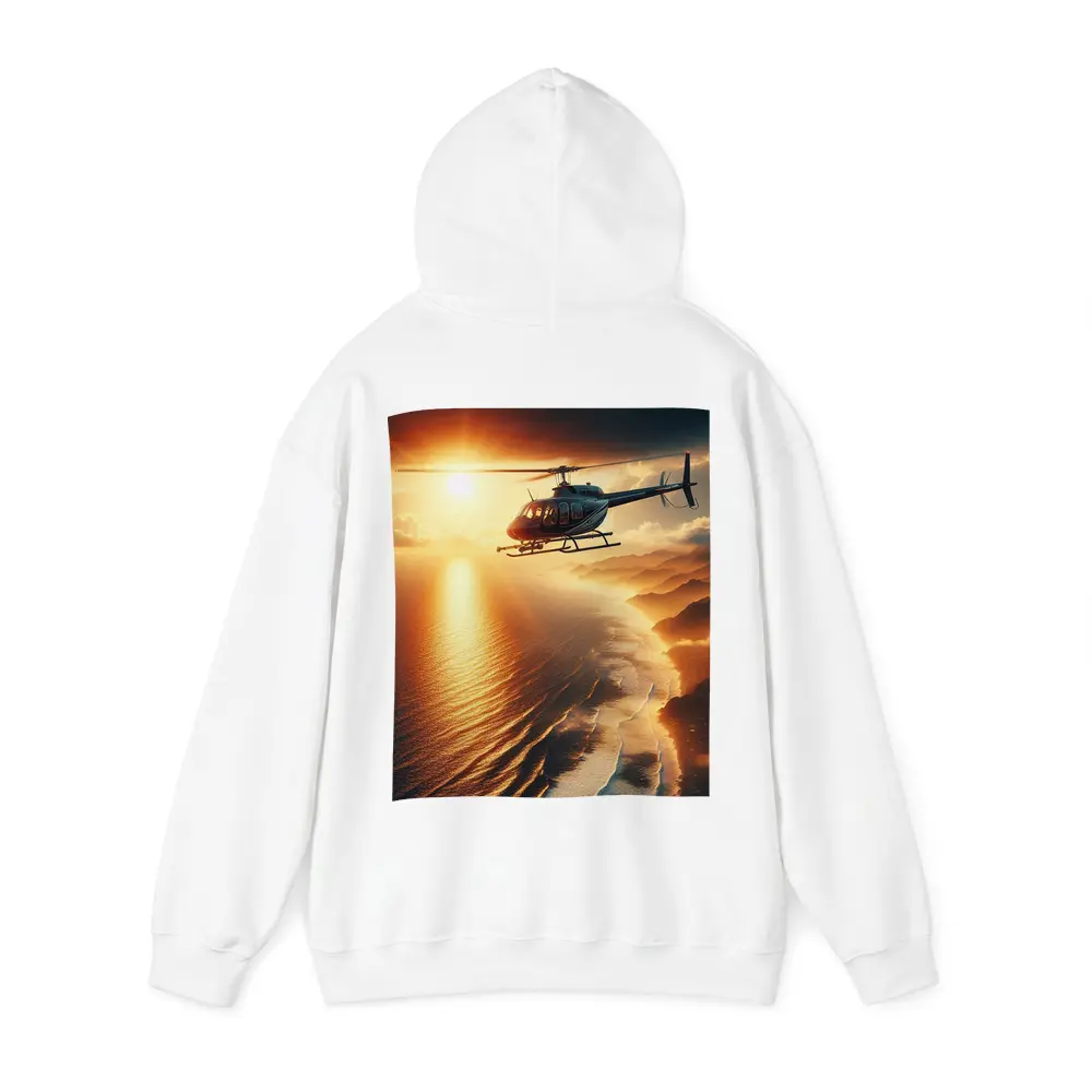 Helicopter Flying Over Coastal Sunset Landscape – Hoodies