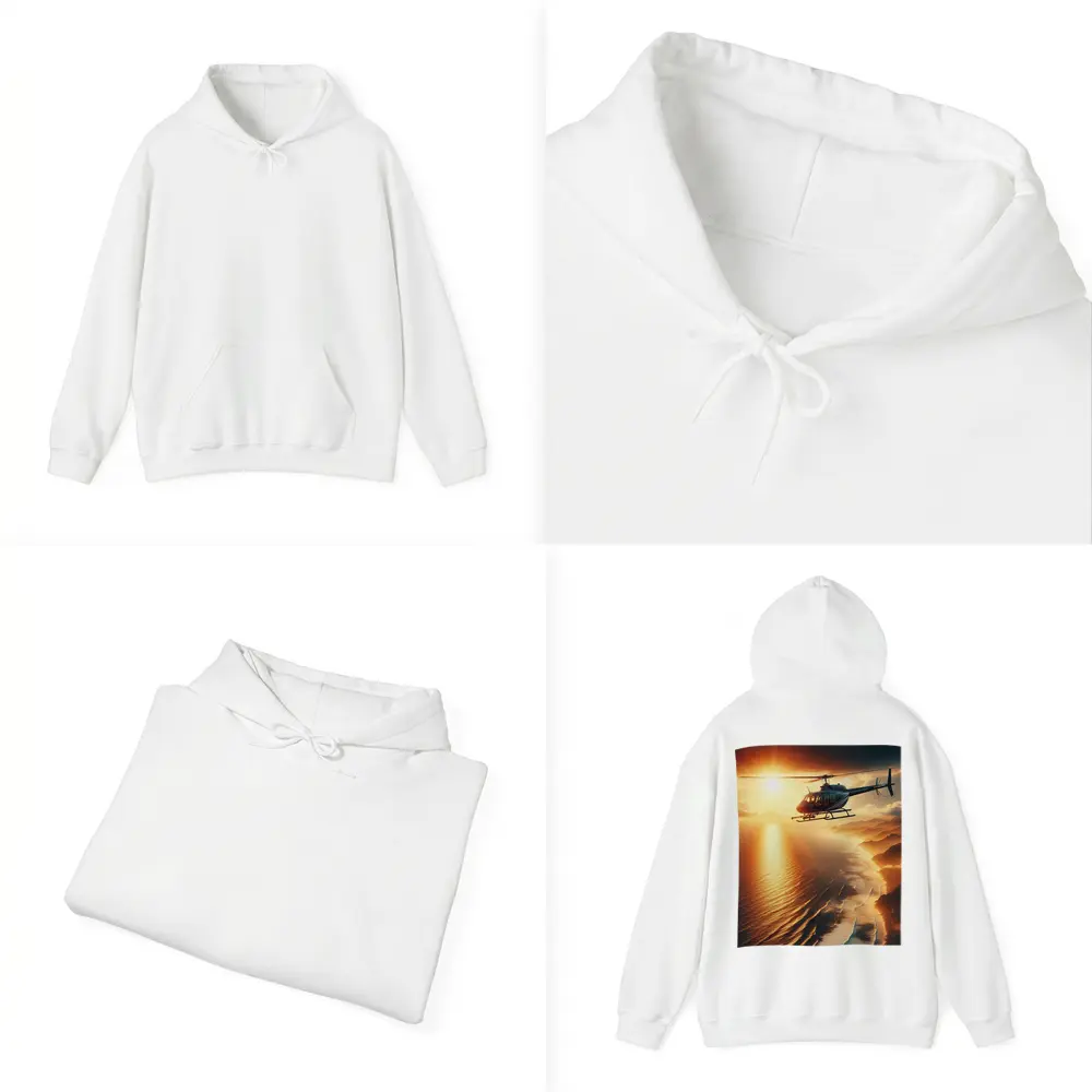 Helicopter Flying Over Coastal Sunset Landscape – Hoodies