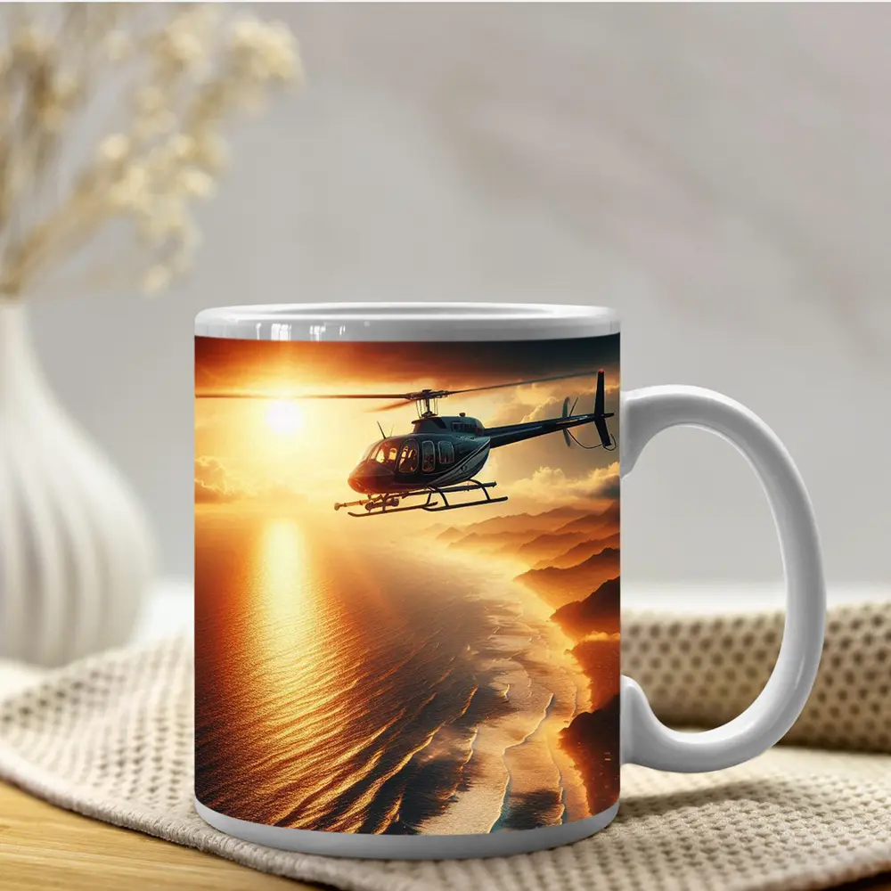 Helicopter Flying Over Coastal Sunset Landscape – Mugs