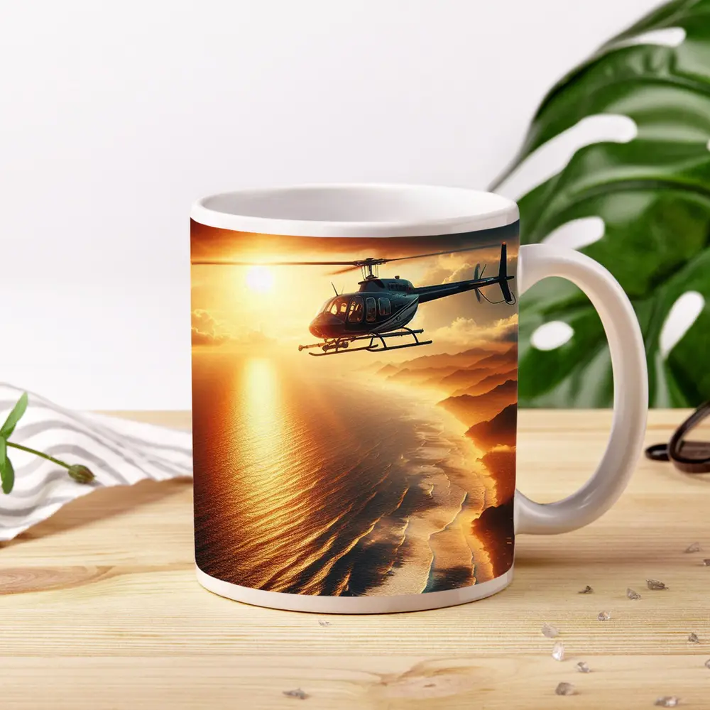 Helicopter Flying Over Coastal Sunset Landscape – Mugs