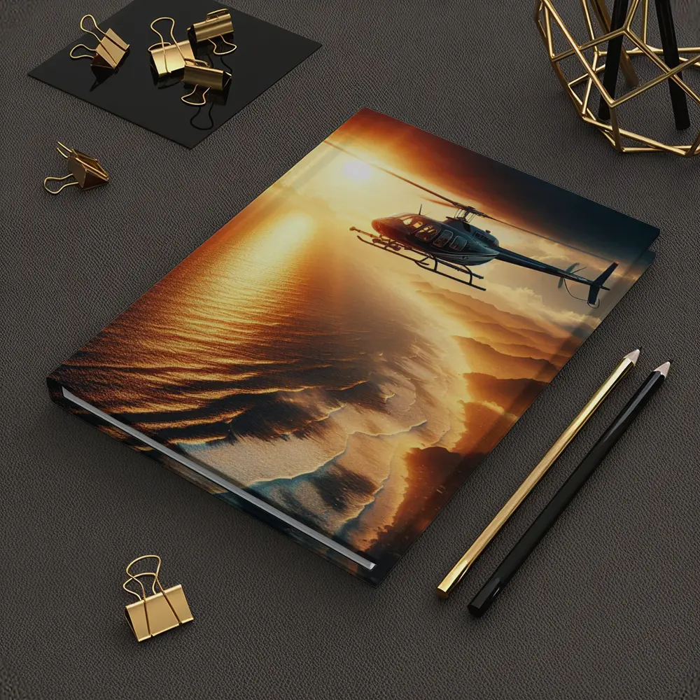 Helicopter Flying Over Coastal Sunset Landscape – Notebooks