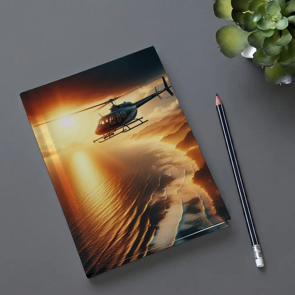 Helicopter Flying Over Coastal Sunset Landscape – Notebooks