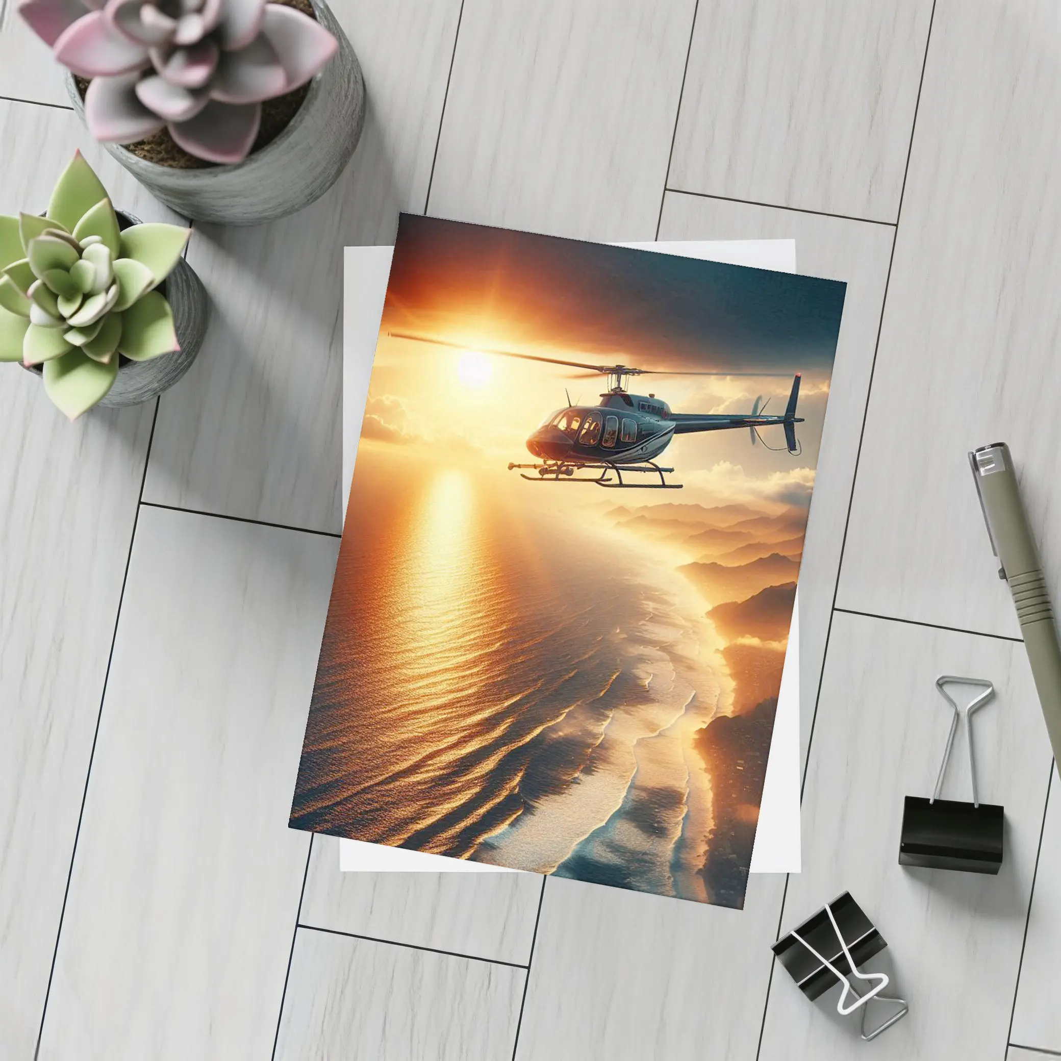 Helicopter Flying Over Coastal Sunset Landscape – Postcards