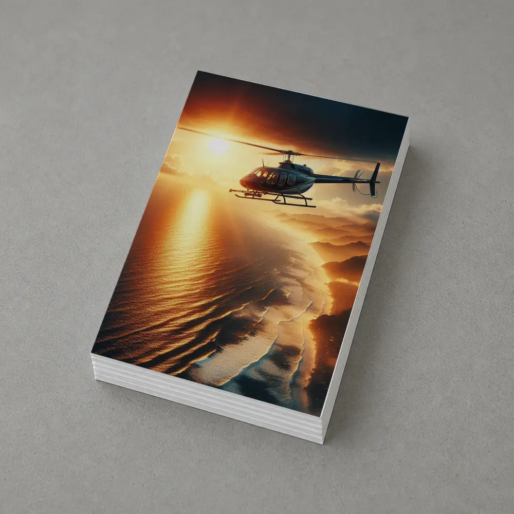 Helicopter Flying Over Coastal Sunset Landscape – Postcards