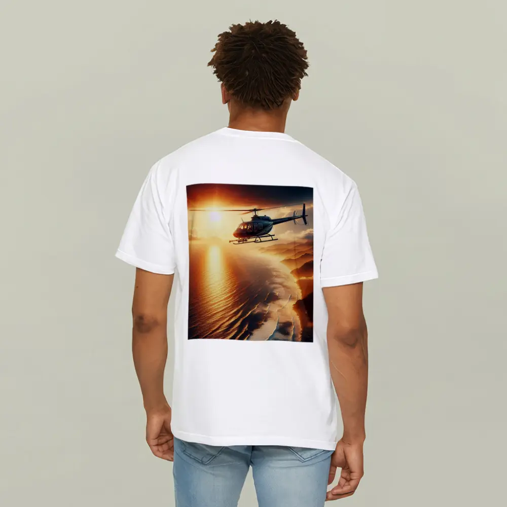 Helicopter Flying Over Coastal Sunset Landscape – T-Shirts