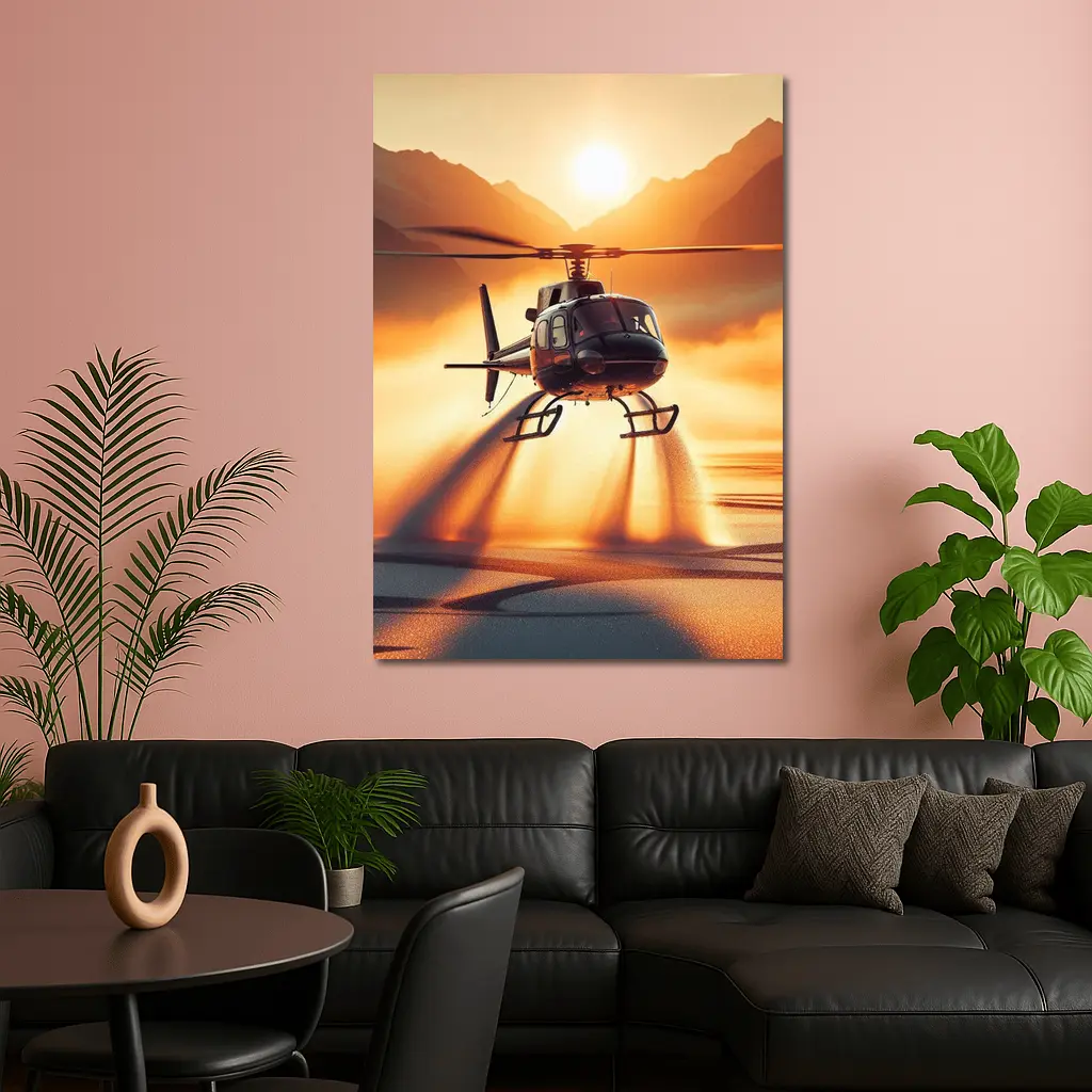 Helicopter Flying Over Golden Sunset Lake – Wall Art