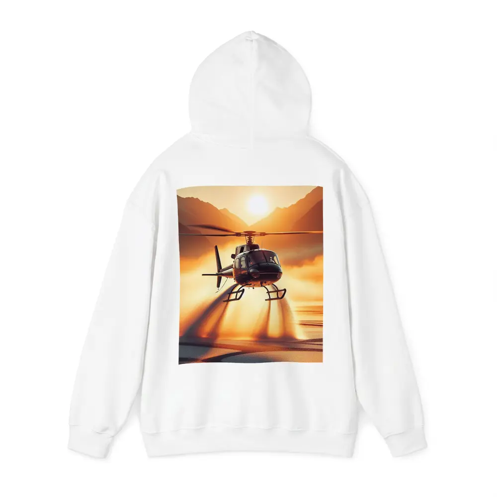Helicopter Flying Over Golden Sunset Lake – Hoodies