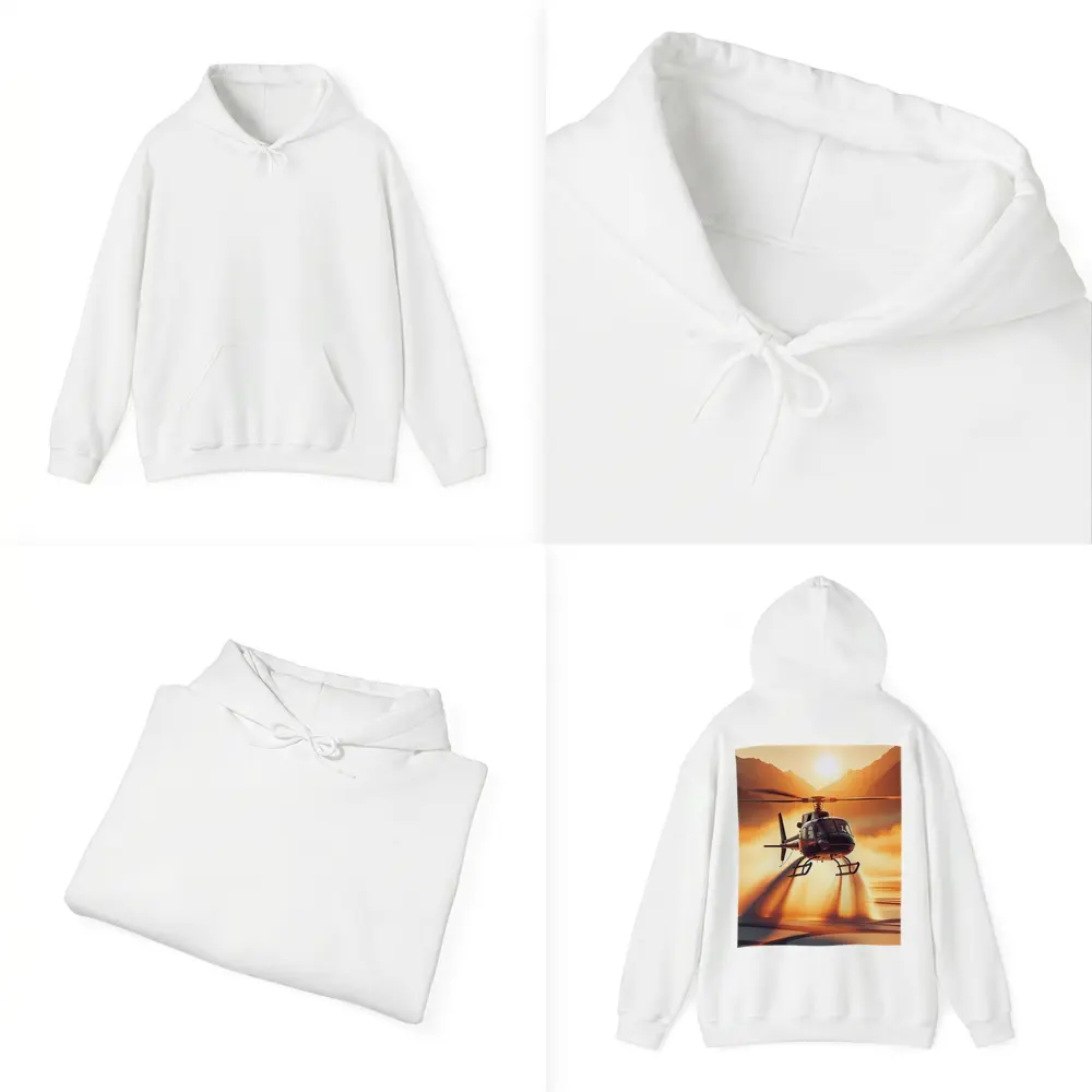 Helicopter Flying Over Golden Sunset Lake – Hoodies