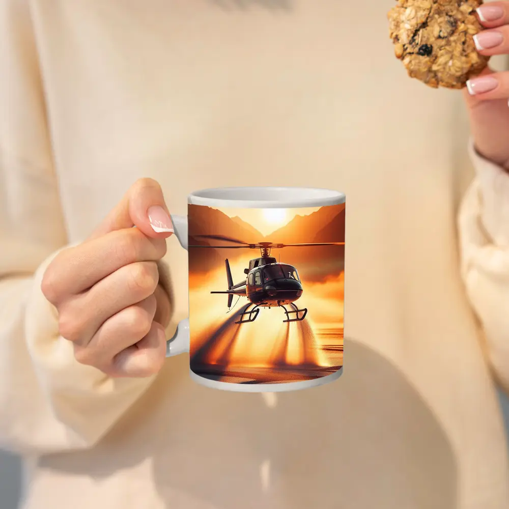 Helicopter Flying Over Golden Sunset Lake – Mugs