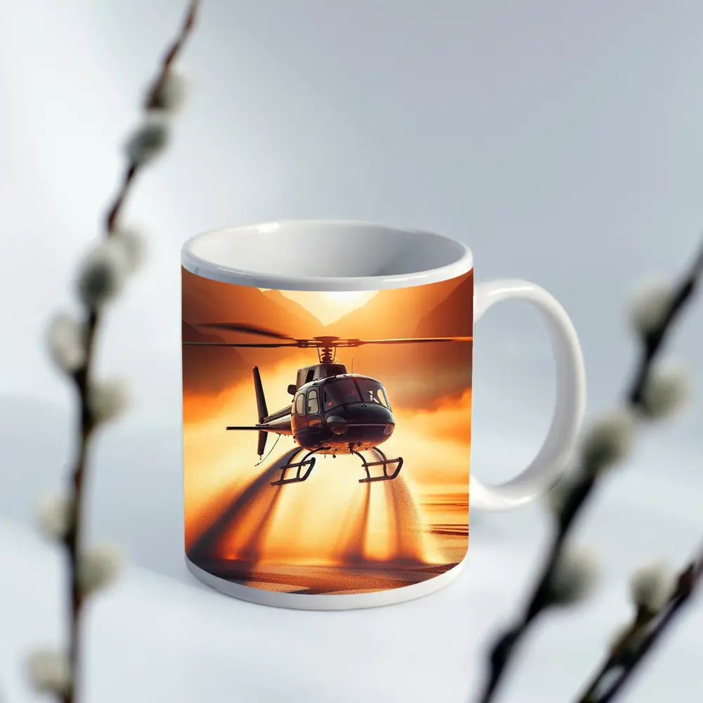 Helicopter Flying Over Golden Sunset Lake – Mugs