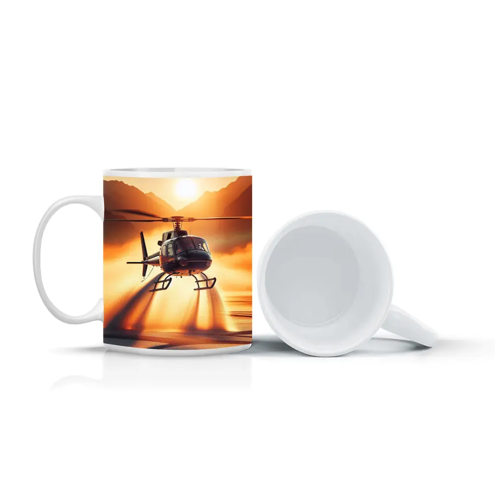 Helicopter Flying Over Golden Sunset Lake – Mugs