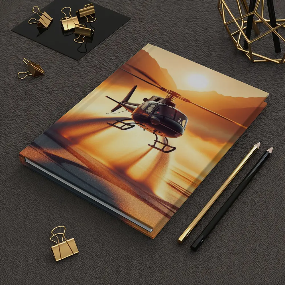 Helicopter Flying Over Golden Sunset Lake – Notebooks