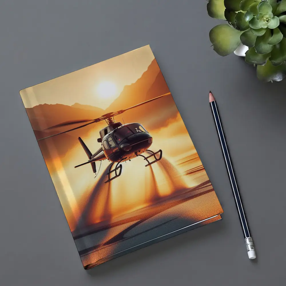 Helicopter Flying Over Golden Sunset Lake – Notebooks
