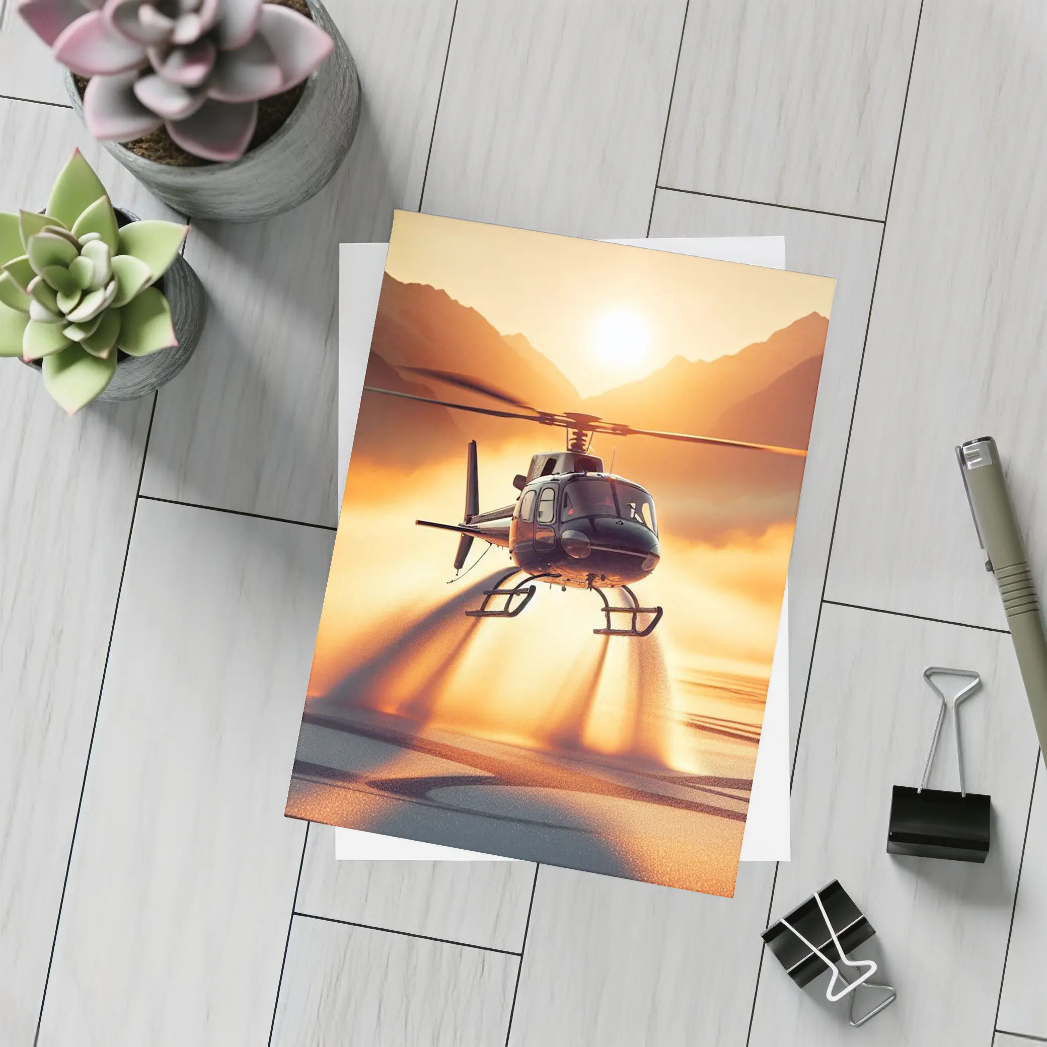 Helicopter Flying Over Golden Sunset Lake – Postcards