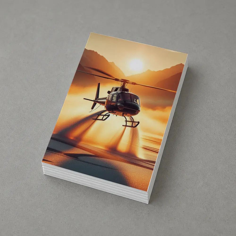 Helicopter Flying Over Golden Sunset Lake – Postcards