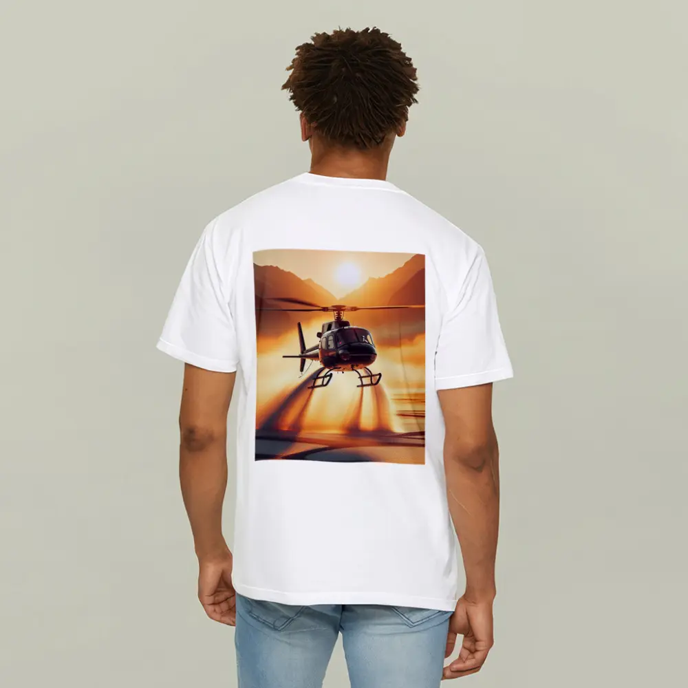 Helicopter Flying Over Golden Sunset Lake – T-Shirts
