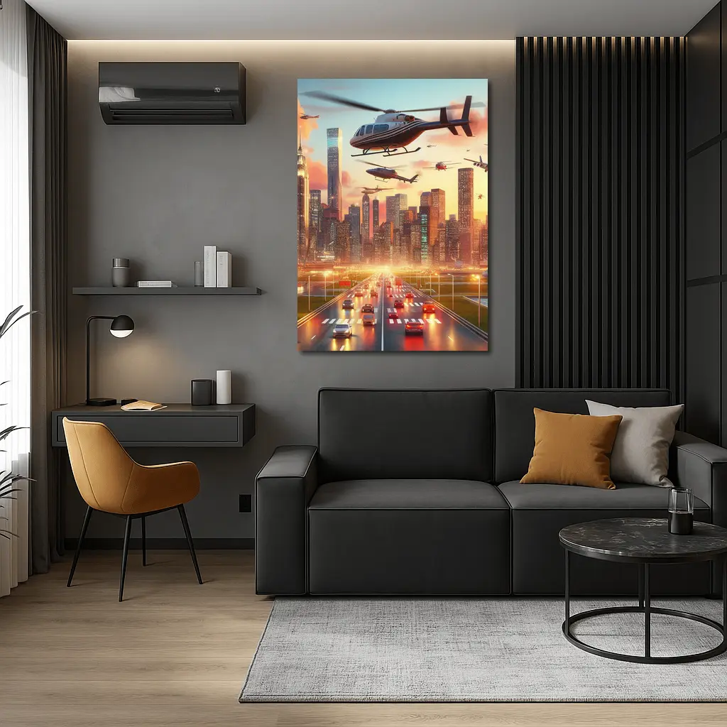 Helicopters Flying Over City Skyline Sunset – Wall Art