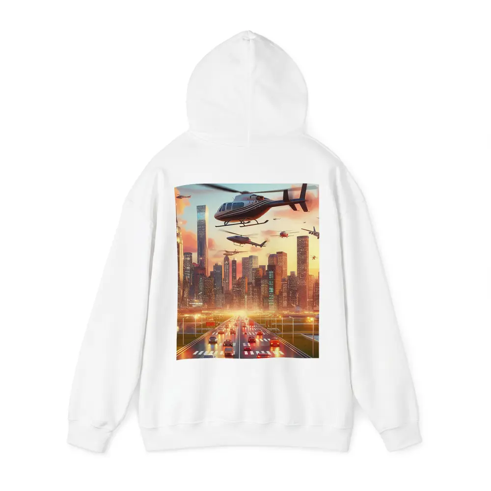 Helicopters Flying Over City Skyline Sunset – Hoodies