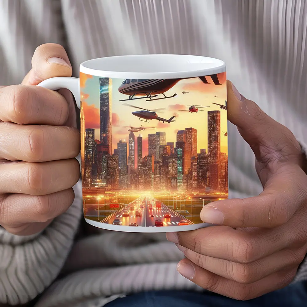 Helicopters Flying Over City Skyline Sunset – Mugs