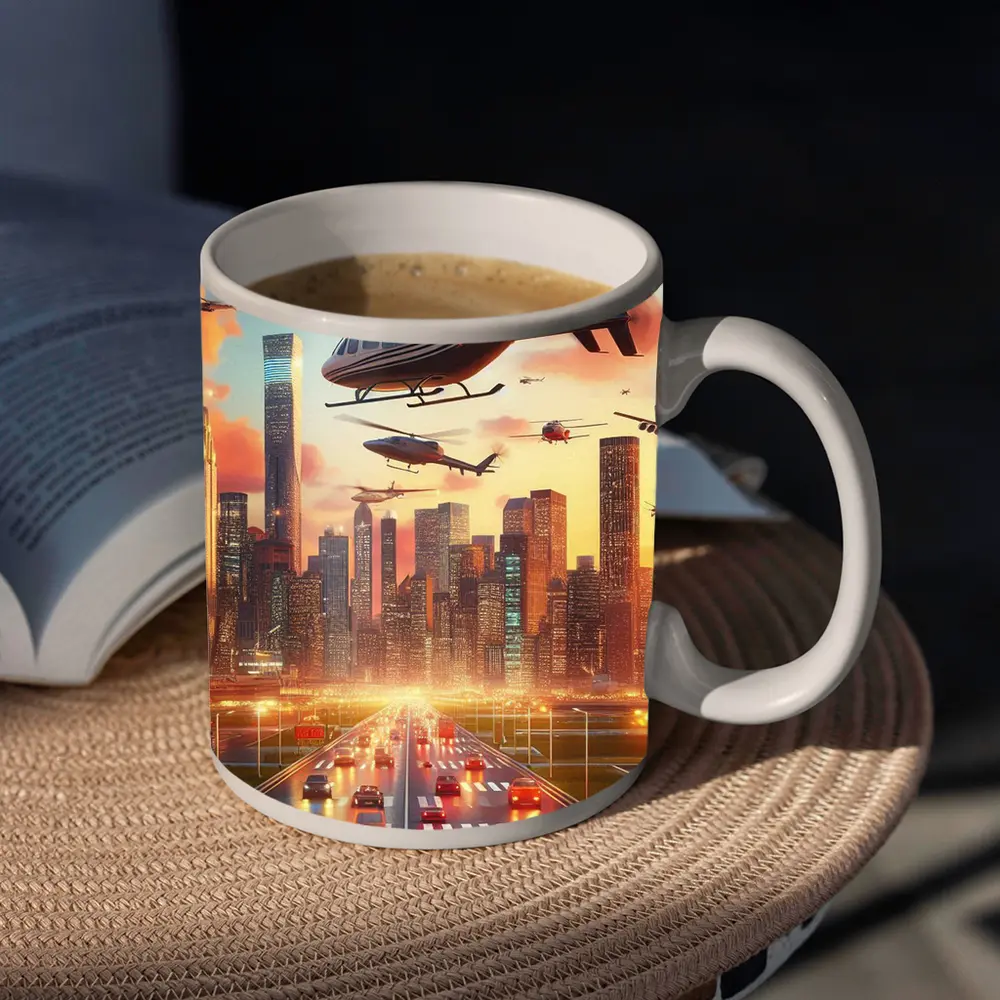 Helicopters Flying Over City Skyline Sunset – Mugs