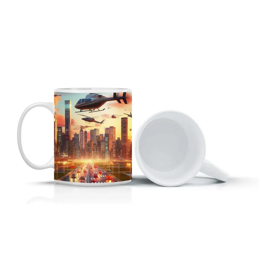 Helicopters Flying Over City Skyline Sunset – Mugs