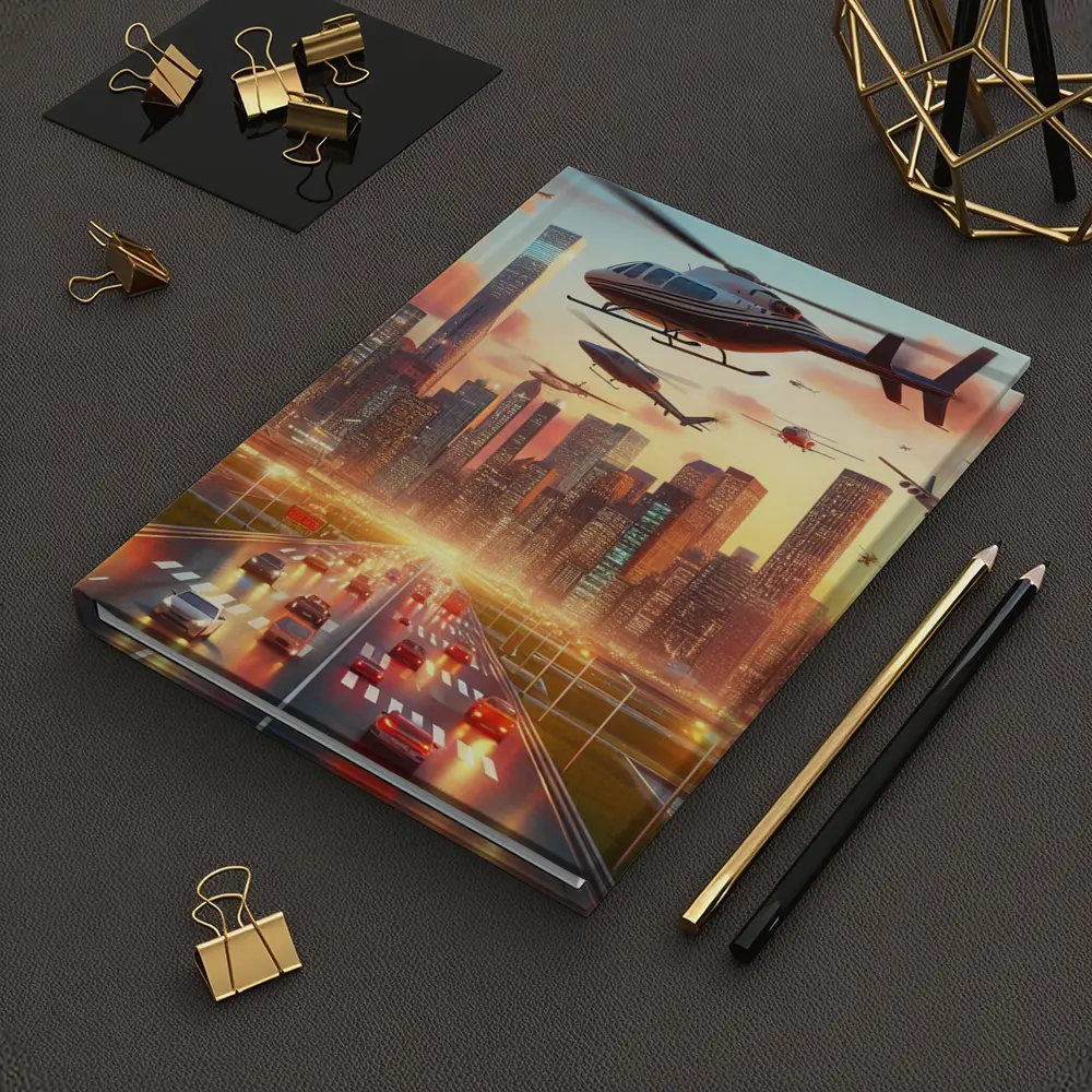 Helicopters Flying Over City Skyline Sunset – Notebooks