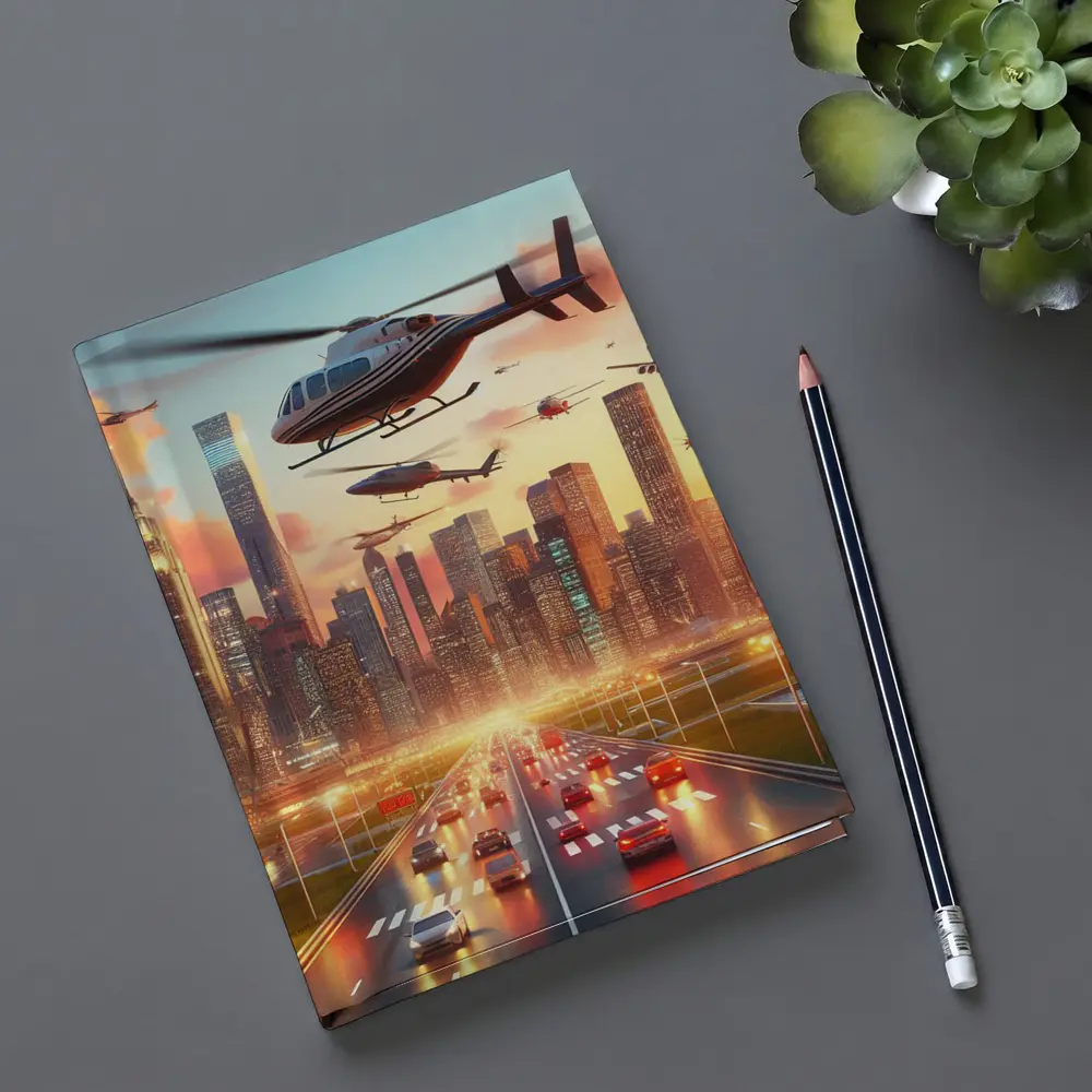 Helicopters Flying Over City Skyline Sunset – Notebooks