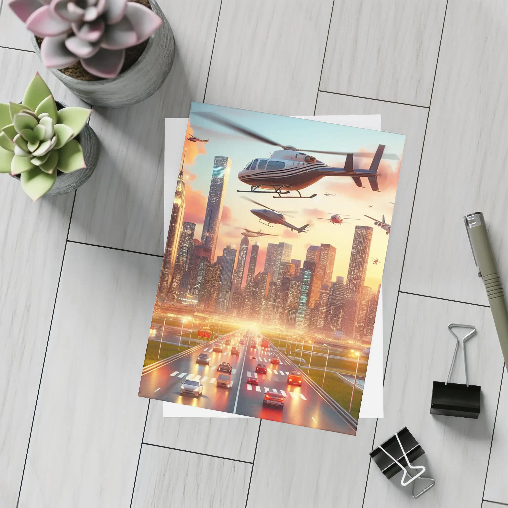 Helicopters Flying Over City Skyline Sunset – Postcards