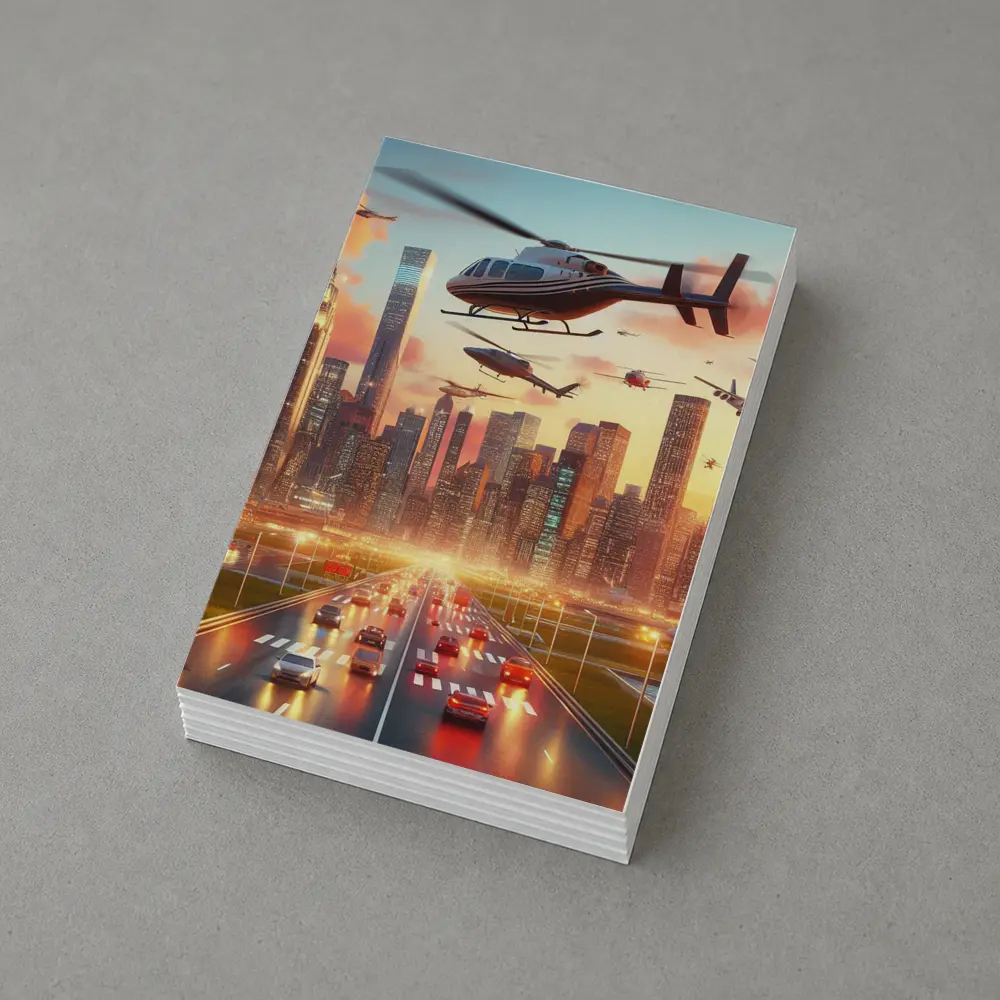 Helicopters Flying Over City Skyline Sunset – Postcards