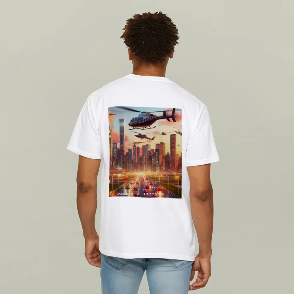 Helicopters Flying Over City Skyline Sunset – T-Shirts