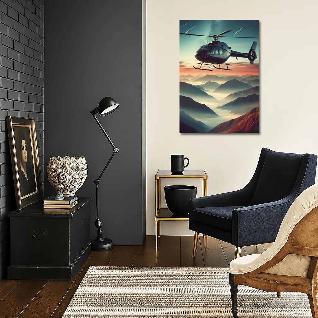 Helicopter Flying Over Misty Mountain Sunset – Wall Art