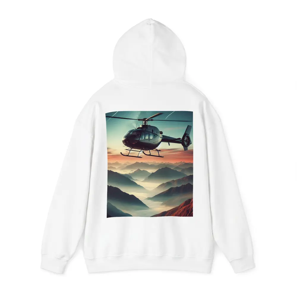 Helicopter Flying Over Misty Mountain Sunset – Hoodies