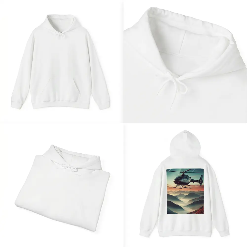 Helicopter Flying Over Misty Mountain Sunset – Hoodies