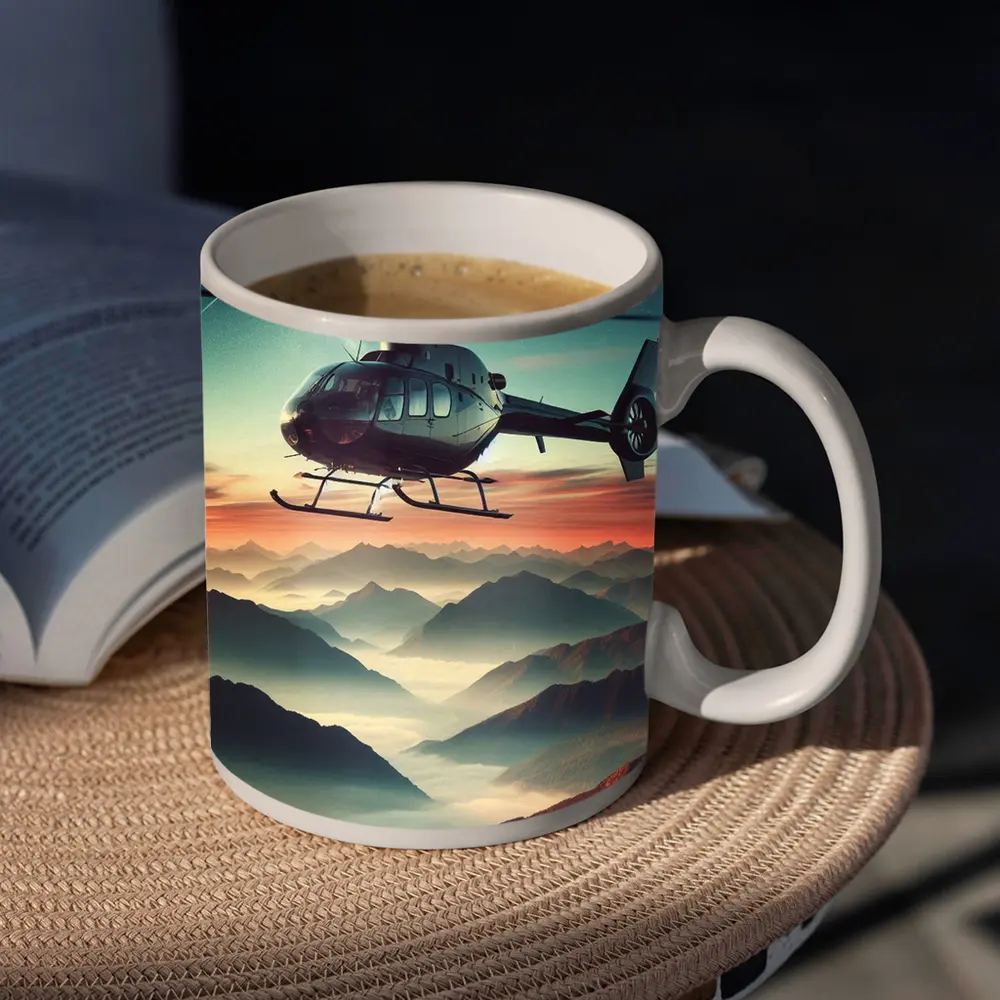 Helicopter Flying Over Misty Mountain Sunset – Mugs