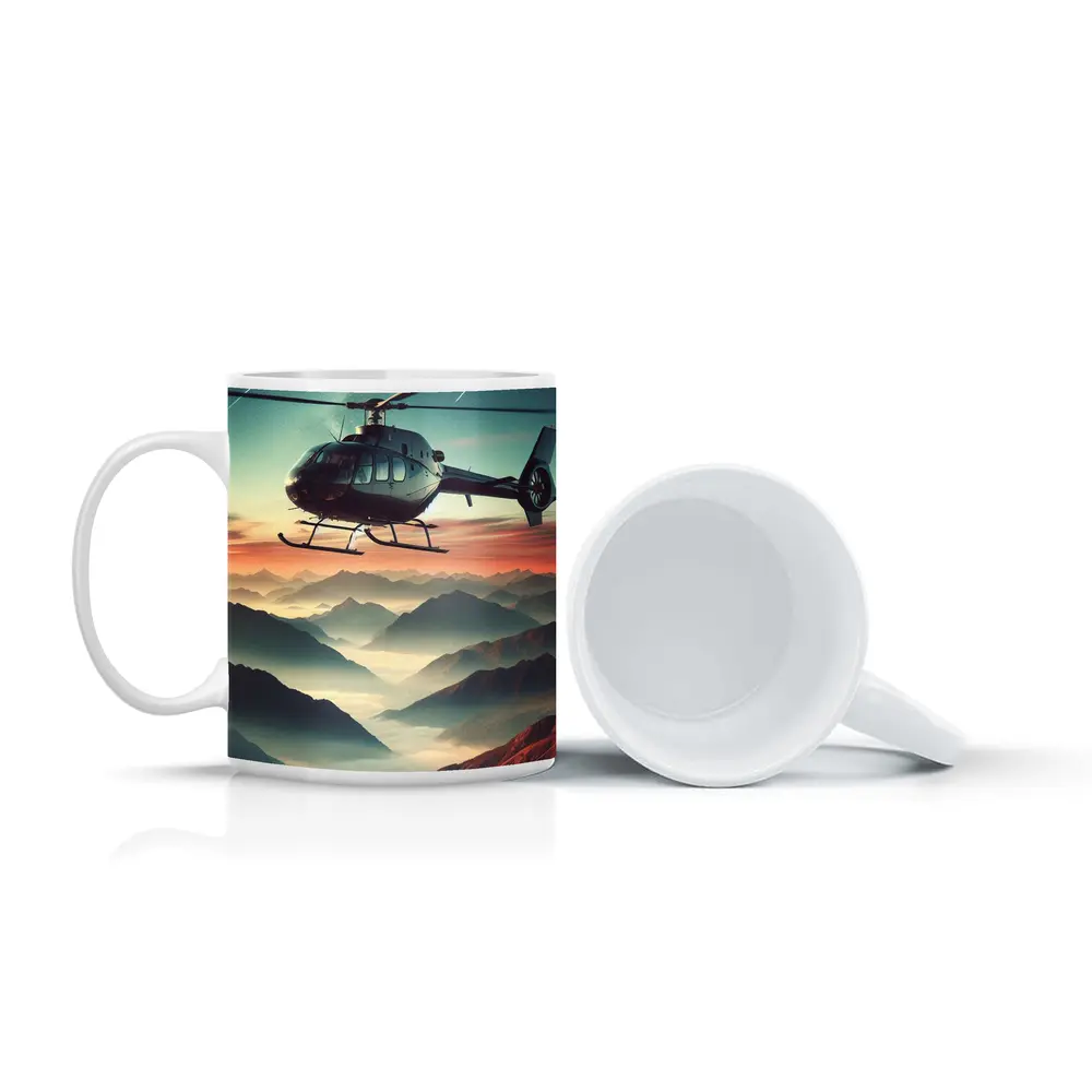 Helicopter Flying Over Misty Mountain Sunset – Mugs