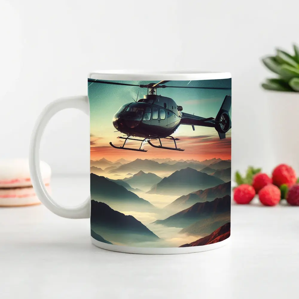 Helicopter Flying Over Misty Mountain Sunset – Mugs