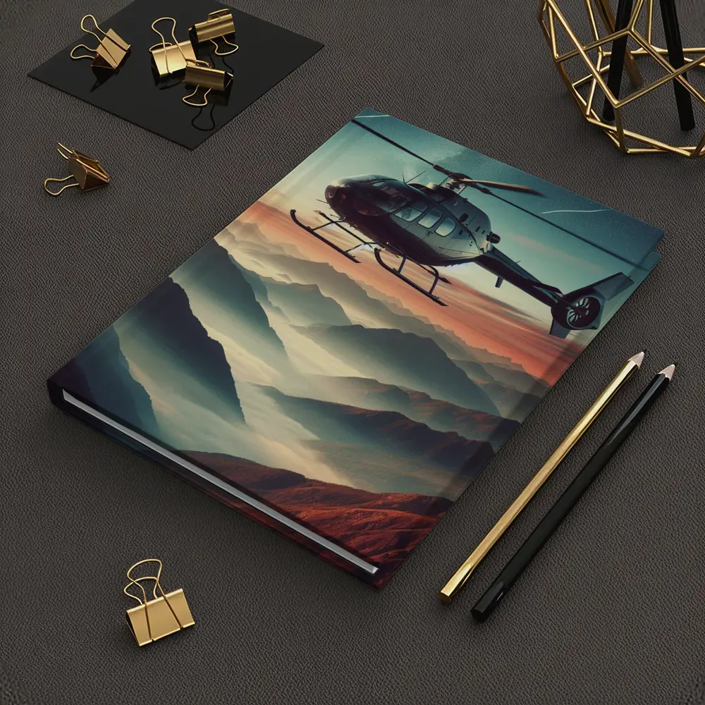 Helicopter Flying Over Misty Mountain Sunset – Notebooks