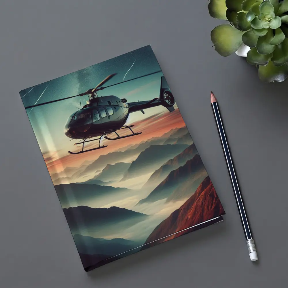 Helicopter Flying Over Misty Mountain Sunset – Notebooks