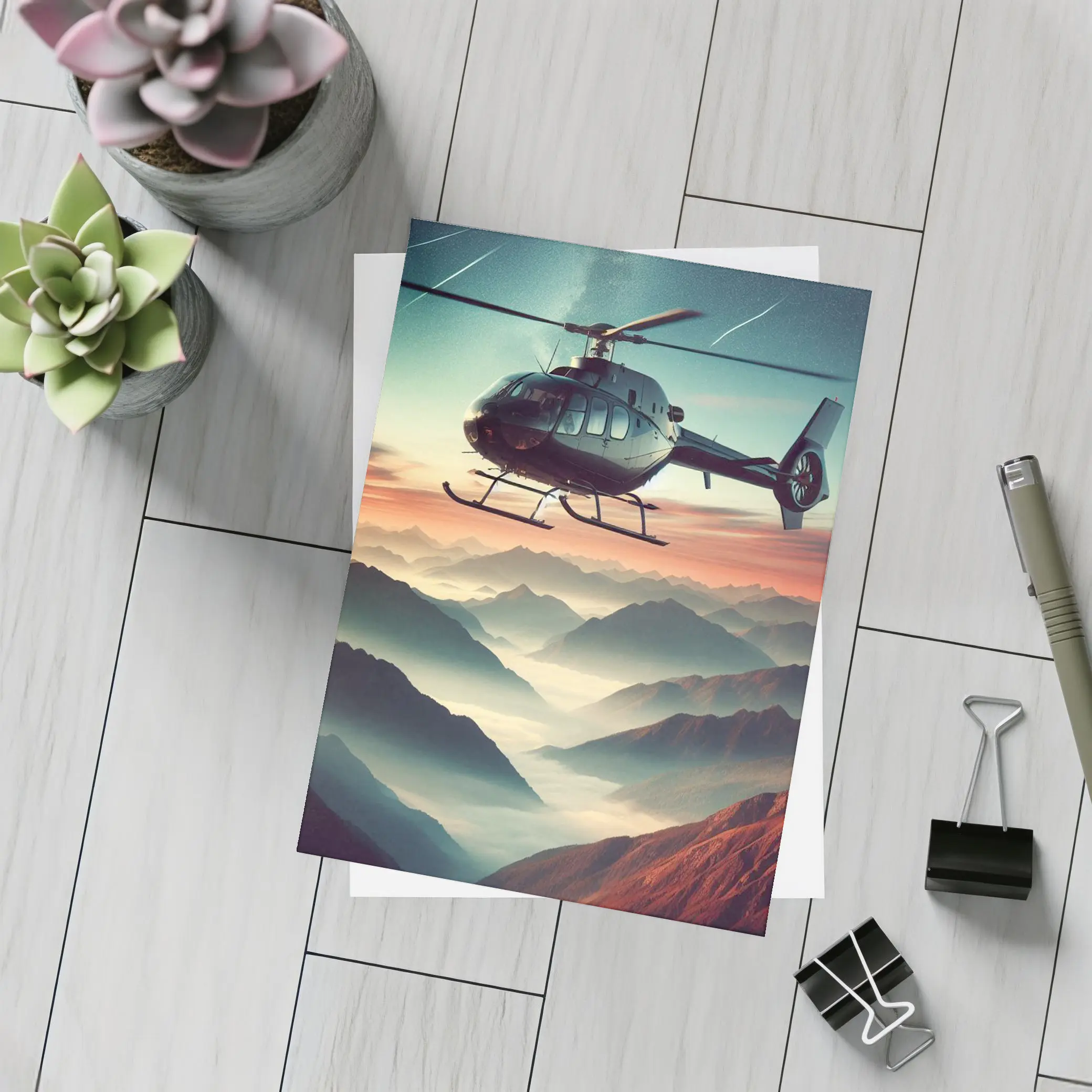 Helicopter Flying Over Misty Mountain Sunset – Postcards