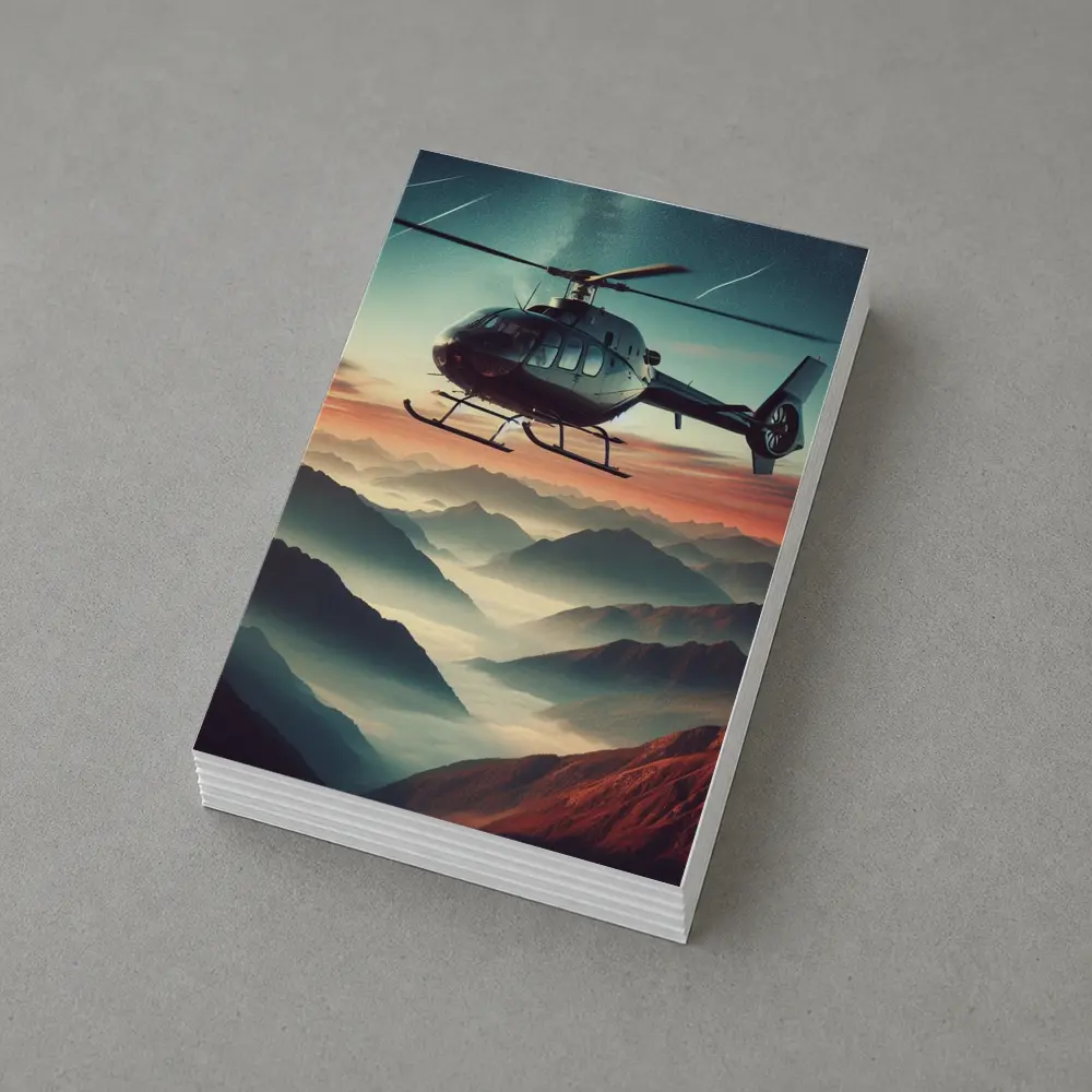 Helicopter Flying Over Misty Mountain Sunset – Postcards