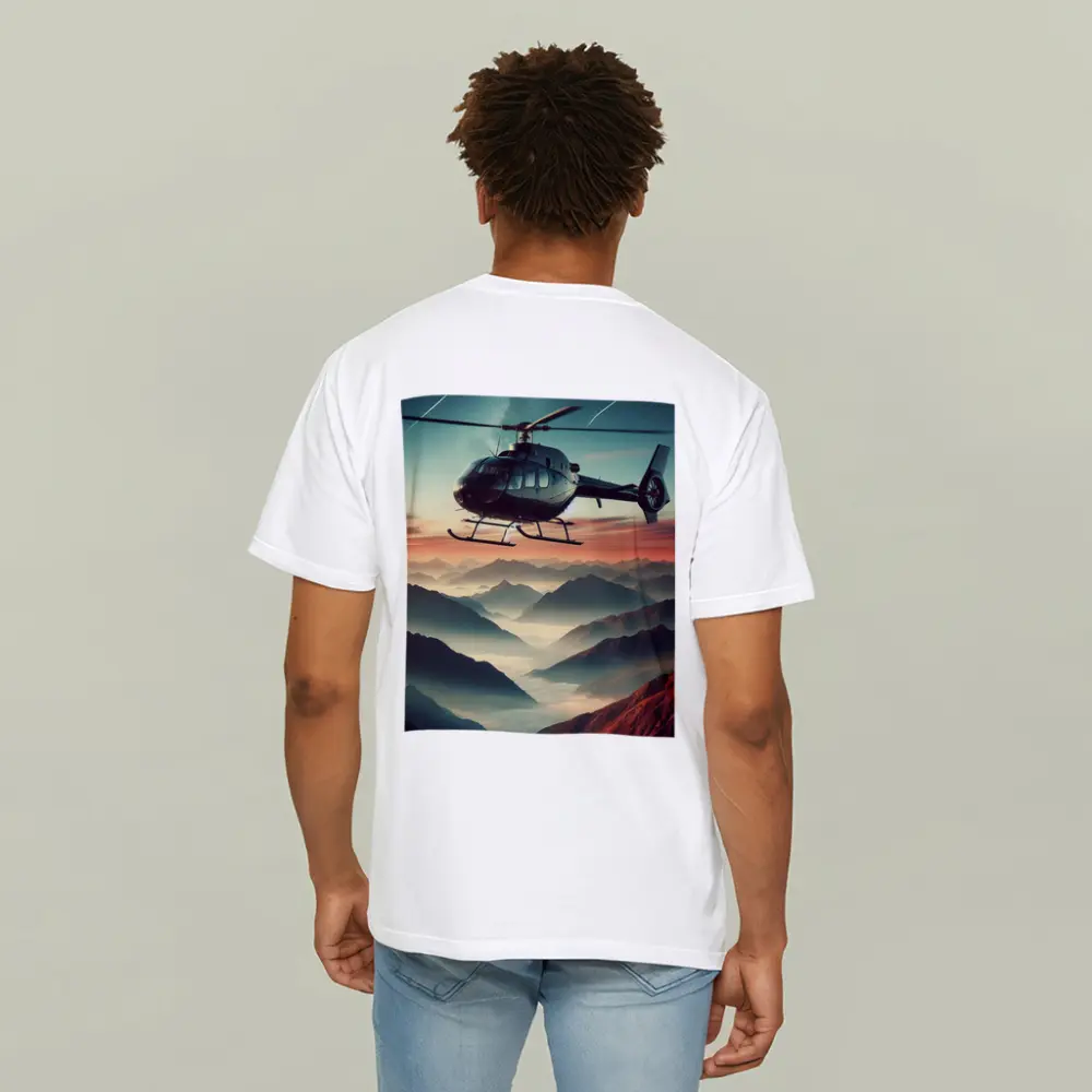 Helicopter Flying Over Misty Mountain Sunset – T-Shirts