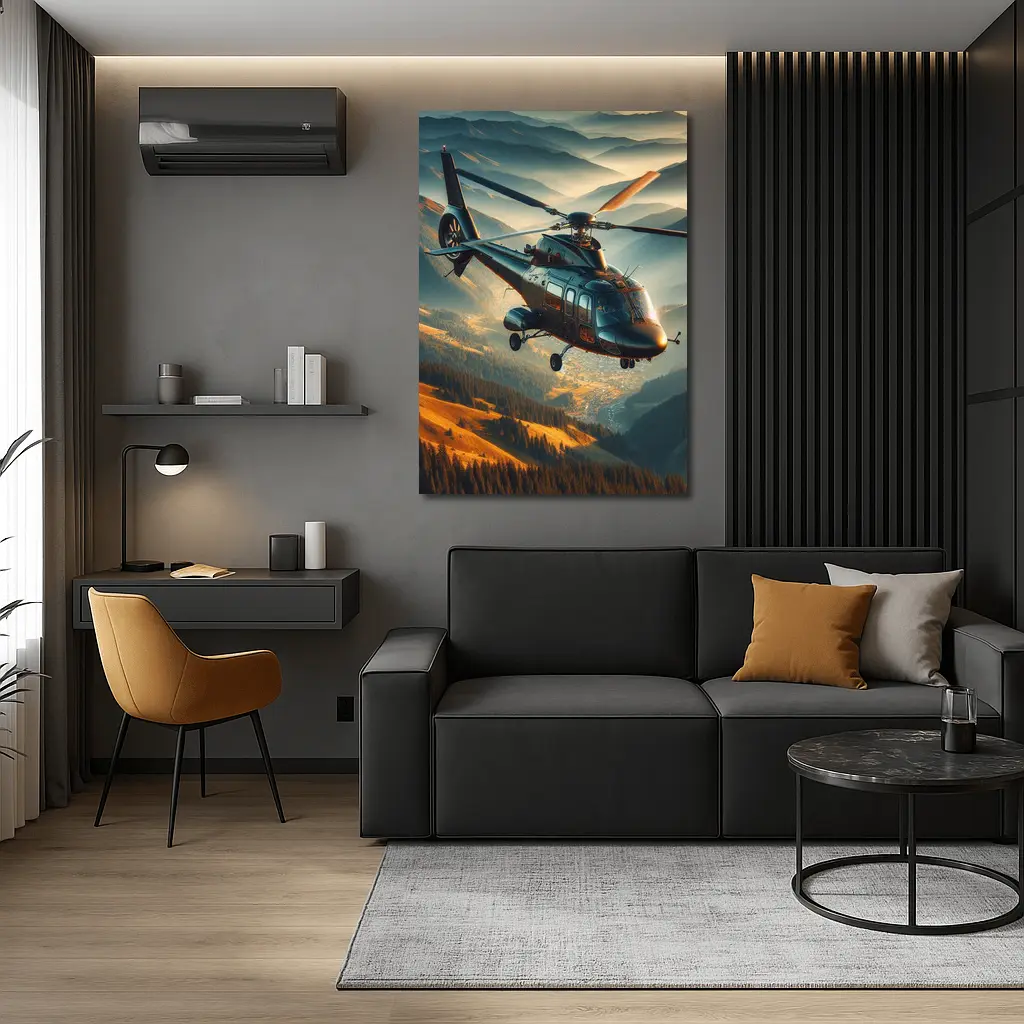 Helicopter Flying Over Mountain Valley Landscape – Wall Art