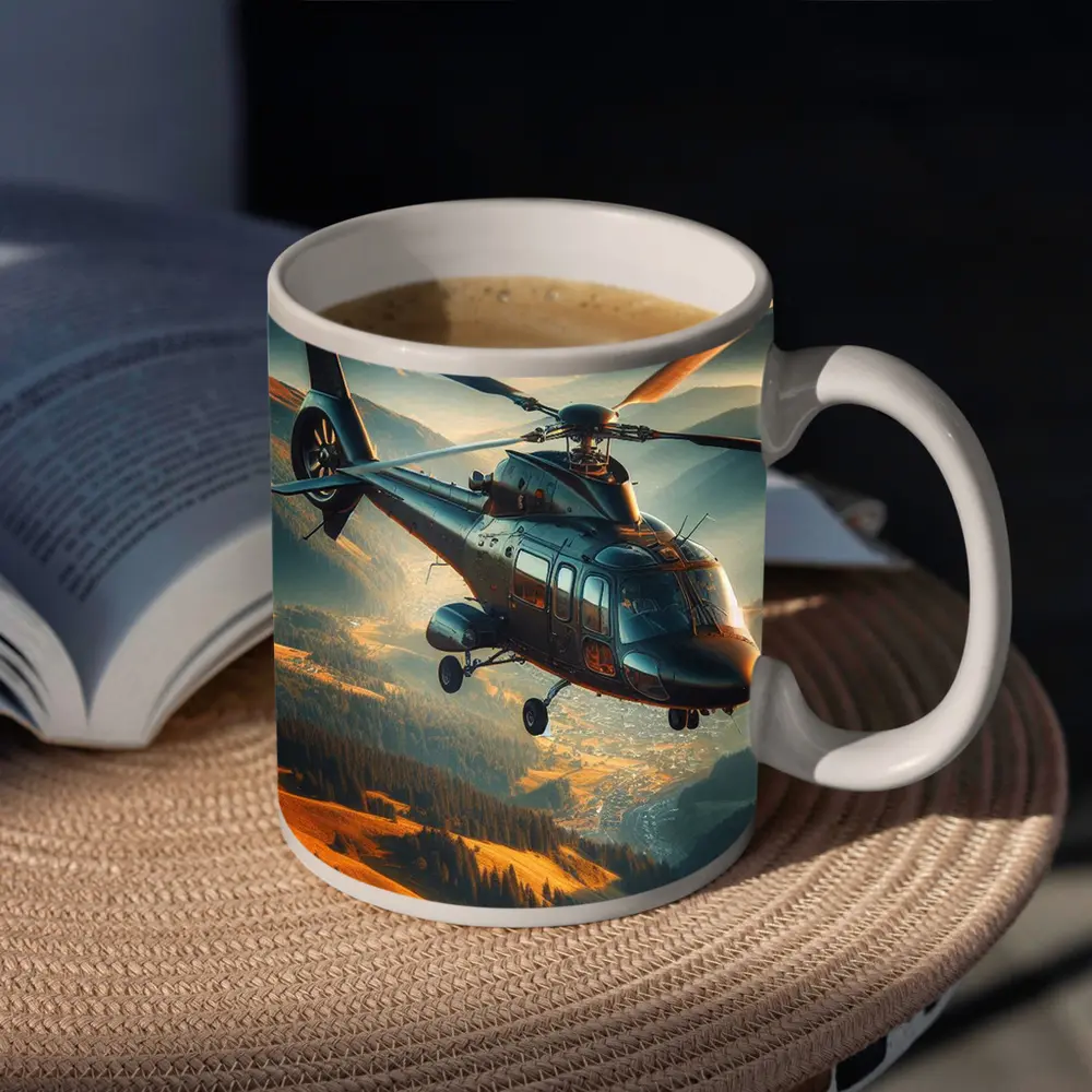 Helicopter Flying Over Mountain Valley Landscape – Mugs