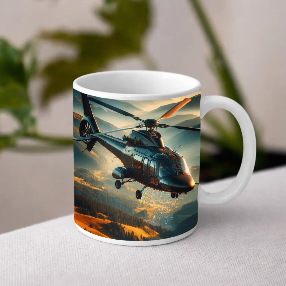 Helicopter Flying Over Mountain Valley Landscape – Mugs