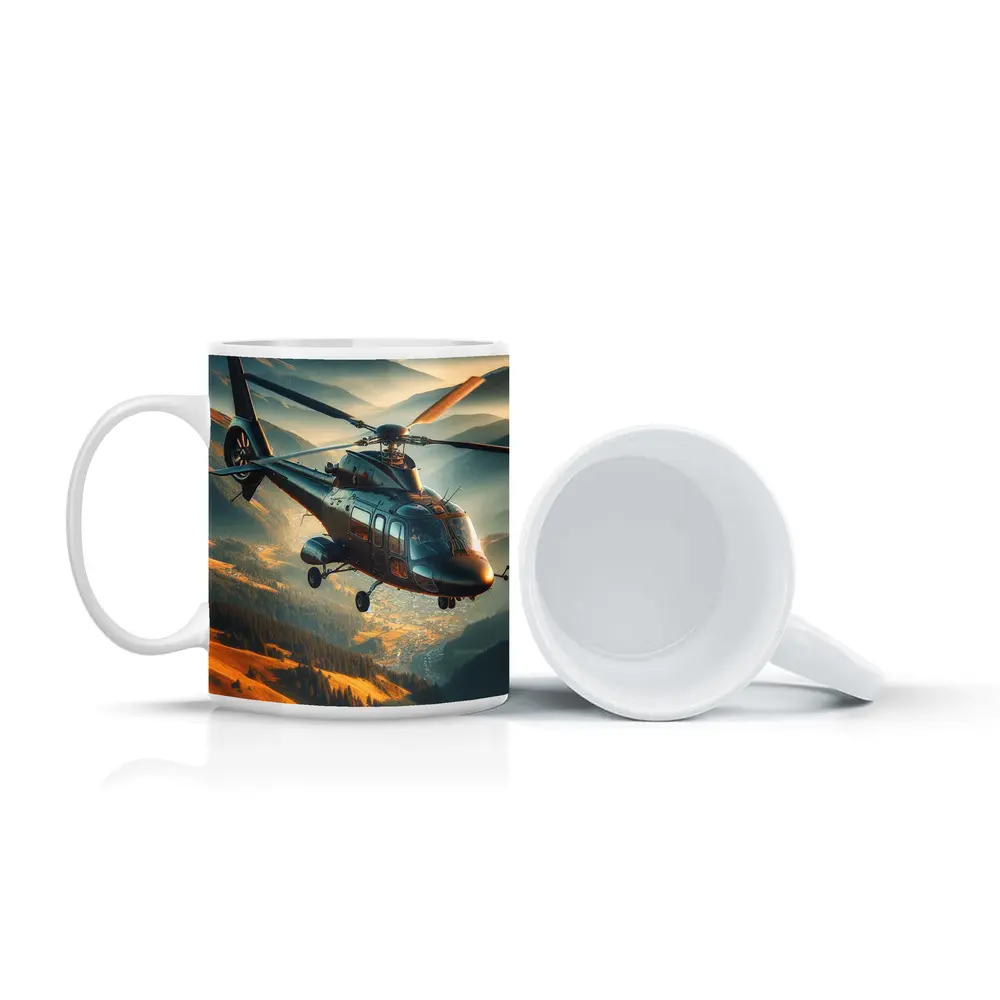 Helicopter Flying Over Mountain Valley Landscape – Mugs